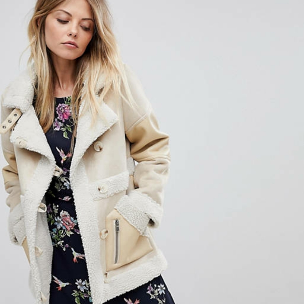 Shearing Oasis Winter Aviator Sherpa Detail Coat Sz S Cozy Girl Retro-inspired